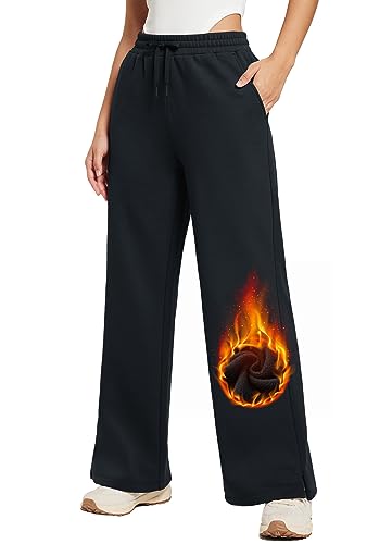 BALEAF Damen Jogginghose weites Bein Fleece Lined gefüttert Thermo Yogahose Baumwolle Freizeithose Straighthose lang mit Taschen Schwarz L von BALEAF