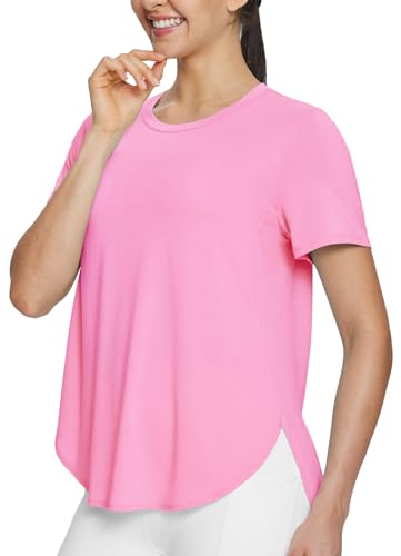 BALEAF Damen Kurzarm Workout Tops Loose Fit Gym Sport Yoga Laufhemd Leicht Schnell Dry Side Split Rosa M von BALEAF