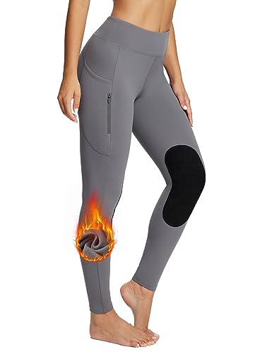 BALEAF Damen Reithose Winter Reitleggings Kniebesatz wasserabwiesend Thermoleggings gefüttert mit Handytasche für Frauen Mädchen Dunkelgrau XL von BALEAF