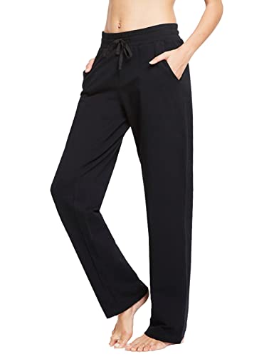 BALEAF Damen Thermo Jogginghose Baumwolle Yogahose mit Taschen Geradem Bein Hose Sweathose Freizeithose Lang Weites Bein Straighthose Schwarz M von BALEAF