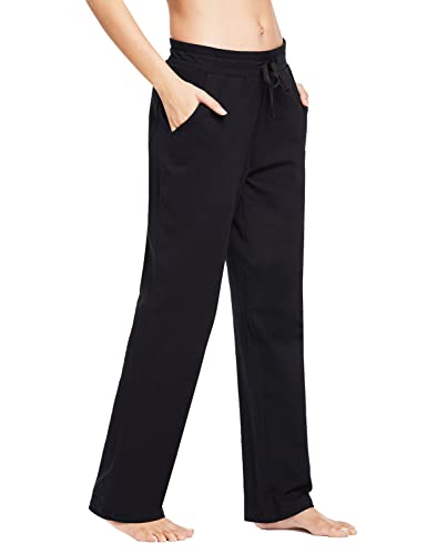 BALEAF Damen Thermo Jogginghose Baumwolle Yogahose mit Taschen Geradem Bein Hose Sweathose Freizeithose Lang Weites Bein Straighthose Schwarz S von BALEAF