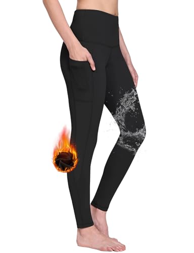 BALEAF Damen Sport Leggings Winter Thermo Leggings wasserdichte Hohe Taille Fleece Gefütter Yogahose Blickdicht Slim Fit Wandern Laufhose mit Taschen Schwarz S von BALEAF