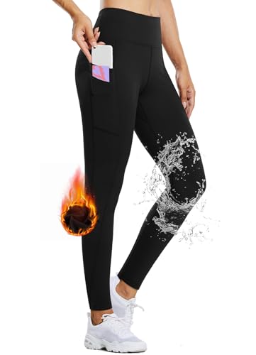 BALEAF Thermo Leggings Damen mit Taschen Wanderleggings Kompression Fitness Hose high Waist Laufhose lang Outdoorhose Wasserabweisend gefütterte Schwarz L von BALEAF