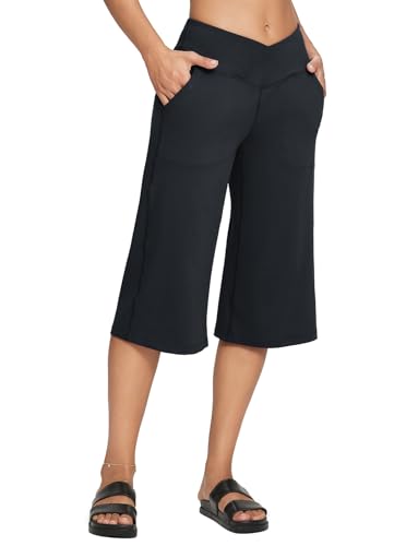 BALEAF Damen Weites Bein Capris Yoga Hose Crossover Hohe Taille Crop Kleid Hose mit Taschen Loose Lounge Casual Sommer Schwarz L von BALEAF