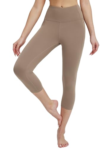 BALEAF Damen Yoga Capri Leggings mit Taschen Petite High Waisted Workout Übung Laufen Capris Hosen für Casual Sommer Golf Braun S von BALEAF