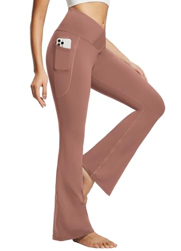 BALEAF Damen Yoga Hose 29 Zoll Bootcut Leggings mit V-Crossover Taille Stretchy Gym Hose mit Taschen XS-3XL Rosa XXXL von BALEAF