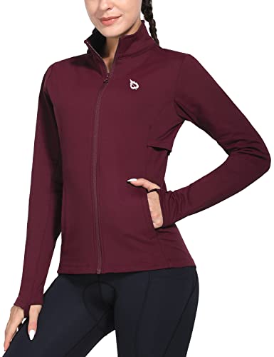 BALEAF Laufjacke Damen Winter Fahrradjacke Wasserdicht Atmungsaktiv Sportjacke Thermo Fleecejacke Warm Trainingsjacke mit Reißverschlusstasche Daumenloch für Winter Radfahren Wandern Rot XL von BALEAF