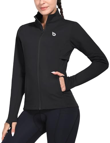 BALEAF Laufjacke Damen Winter Fahrradjacke Wasserdicht Atmungsaktiv Sportjacke Thermo Fleecejacke Warm Trainingsjacke mit Reißverschlusstasche Daumenloch für Winter Radfahren Wandern Schwarz XS von BALEAF