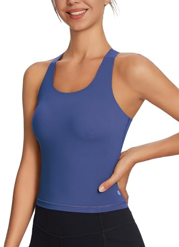 BALEAF Sport BH Damen starker Halt Yoga top Damen Fitness mit BH Sport-Bustier langes Bauchfreies Tank-Top gepolstert Workout Laufen Yoga Blau M von BALEAF