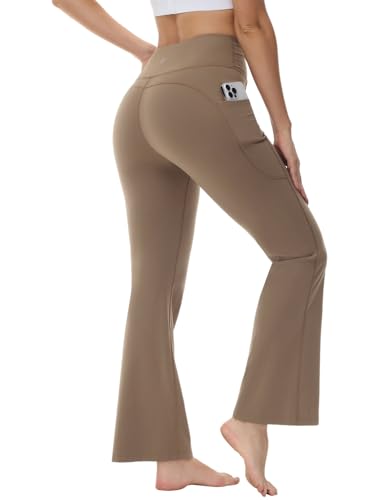 BALEAF Yogahose Damen High Waist Schlaghose Jazzpants Weiche Blickdicht Elastische Sporthose Bootcut Flare Hose mit Taschen Braun M von BALEAF