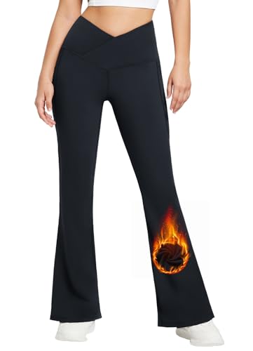 BALEAF Yogahose Damen Thermo Fleece Lined gefüttert High Waist Kreuz Schlaghose Jogginghose Weites Bein Jazzpants RelaxhoseSchwarz L von BALEAF