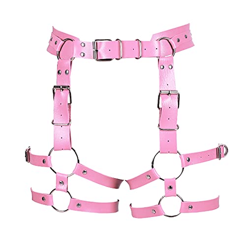 BANSSGOTH Damen PU Leder Bein Strumpfband Harness Körperkäfig Hohe Taille Aushöhlen Plus Größe Gothic Punk Dance Rave Wear (Rosa) von BANSSGOTH