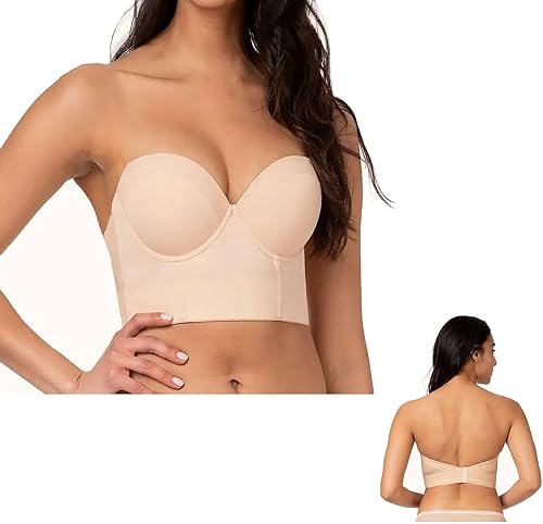 Trägerloser BH mit niedrigem Rücken – Premium-Stoff, Mehrweg-Push-up-BH mit abnehmbaren Trägern, Damen-Longline-BH, Rutschfester Silikon-BH (Color : Beige, Size : 34/75 F) von BARASH