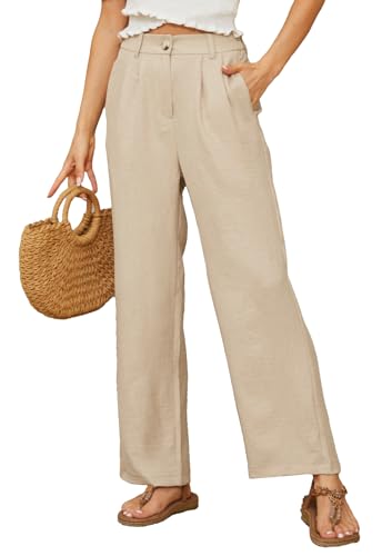 BATHRINS Damen Leinenhose Weite Sommerhose Lockere High Waist Palazzo Hose Einfarbig Stoffhose Freizeithose Elegant Bequeme Anzughose mit Taschen und Reißverschluss(Khaki,XL) von BATHRINS