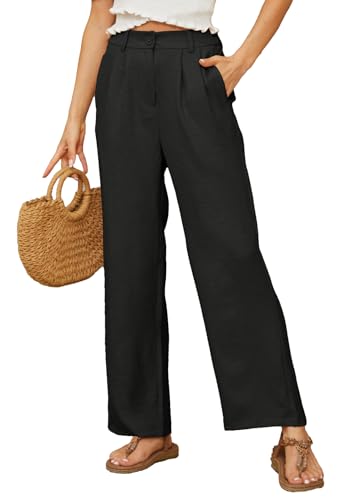 BATHRINS Damen Leinenhose Weite Sommerhose Lockere High Waist Palazzo Hose Einfarbig Stoffhose Freizeithose Elegant Bequeme Anzughose mit Taschen und Reißverschluss(Schwarz,L) von BATHRINS