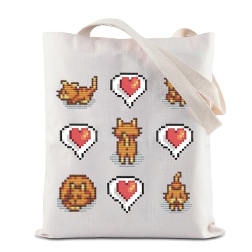 BAUNA Videospiel-Tragetasche, Pixel-Art, wiederverwendbare Einkaufstasche, Ingwer-Katzen-Umhängetasche, Stardew-Spiel-Zitate, Handtasche, Tragetasche für Katzen, 35*40cm von BAUNA