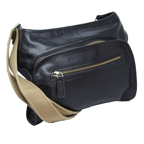 BAWAKO Umhängetasche Echtes Leder Schwarz, Crossbody bag, Mittelgroße, Fächer Handtasche (Schwarz B) von BAWAKO