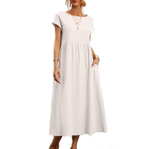 BAWUTZ Sommerkleid Damen Leinen Kleider, Shirtkleider Freizeitkleid mit Taschen,Damen Kleid, Baumwoll Leinen Kleider, Vintage Einfarbig Sommerkleid (Weiß,XL) von BAWUTZ