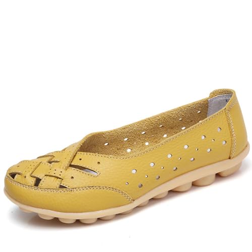 Klassische Penny Loafers für Frauen, Atmungsaktive Mokassins-Schuhe, Damen Bequeme Leder-Loafer zum Hineinschlüpfen, Orthopädische Slipper,orthopädische Slipper aus atmungsaktivem Leder (42,Gelb) von BAWUTZ
