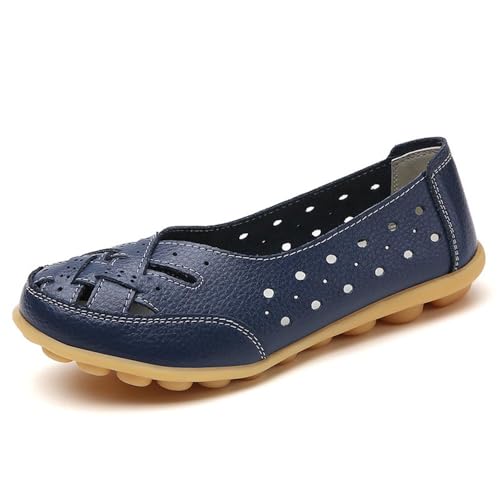 Klassische Penny Loafers für Frauen, Atmungsaktive Mokassins-Schuhe, Damen Bequeme Leder-Loafer zum Hineinschlüpfen, Orthopädische Slipper,orthopädische Slipper aus atmungsaktivem Leder (42,Navy blau) von BAWUTZ