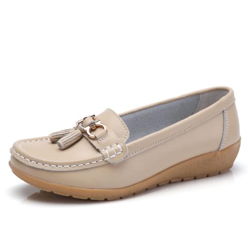 Klassische Penny Loafers für Frauen, Atmungsaktive Mokassins-Schuhe für Damen, orthopädische Schuhe für Damen,Breathable Leather Breathable Casual Shoes for Women,Hiking Shoes (44 EU,Beige) von BAWUTZ