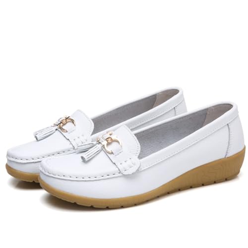 Klassische Penny Loafers für Frauen, Atmungsaktive Mokassins-Schuhe für Damen, orthopädische Schuhe für Damen,Breathable Leather Breathable Casual Shoes for Women,Hiking Shoes (44 EU,Weiß) von BAWUTZ