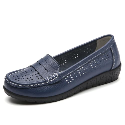 Klassische Penny Loafers für Frauen, Slip On Leder Leichtgewicht Komfort Gummisohle Flats Schuhe,Atmungsaktive Loafer für Damen,orthopädische Slipper aus atmungsaktivem Leder (Blau,35) von BAWUTZ