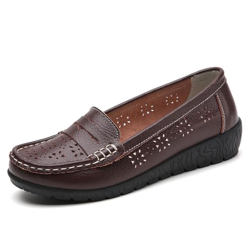 Klassische Penny Loafers für Frauen, Slip On Leder Leichtgewicht Komfort Gummisohle Flats Schuhe,Atmungsaktive Loafer für Damen,orthopädische Slipper aus atmungsaktivem Leder (Braun,41) von BAWUTZ