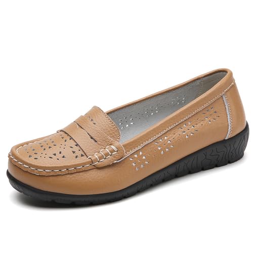 Klassische Penny Loafers für Frauen, Slip On Leder Leichtgewicht Komfort Gummisohle Flats Schuhe,Atmungsaktive Loafer für Damen,orthopädische Slipper aus atmungsaktivem Leder (Khaki,38) von BAWUTZ