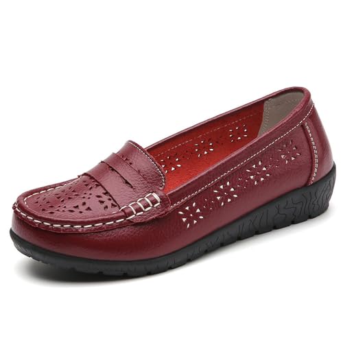 Klassische Penny Loafers für Frauen, Slip On Leder Leichtgewicht Komfort Gummisohle Flats Schuhe,Atmungsaktive Loafer für Damen,orthopädische Slipper aus atmungsaktivem Leder (Rotwein,39) von BAWUTZ