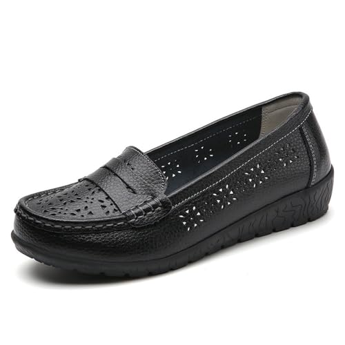 Klassische Penny Loafers für Frauen, Slip On Leder Leichtgewicht Komfort Gummisohle Flats Schuhe,Atmungsaktive Loafer für Damen,orthopädische Slipper aus atmungsaktivem Leder (Schwarz,42) von BAWUTZ