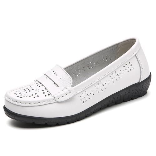 Klassische Penny Loafers für Frauen, Slip On Leder Leichtgewicht Komfort Gummisohle Flats Schuhe,Atmungsaktive Loafer für Damen,orthopädische Slipper aus atmungsaktivem Leder (Weiß,35) von BAWUTZ