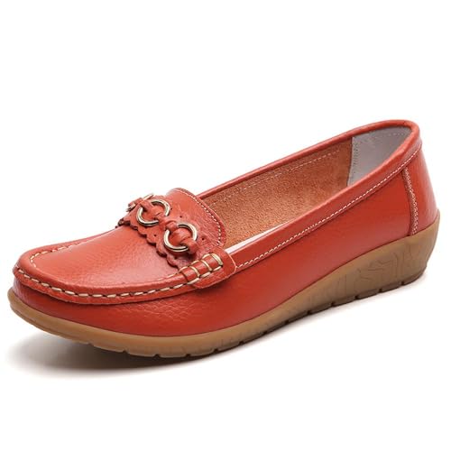 Klassische Penny Loafers für Frauen,Bequeme und leichte Penny-Loafer für Damen zum Hineinschlüpfen, orthopädische Schuhe für Damen,Breathable Leather Breathable Casual Shoes for Women (35,Orange A) von BAWUTZ