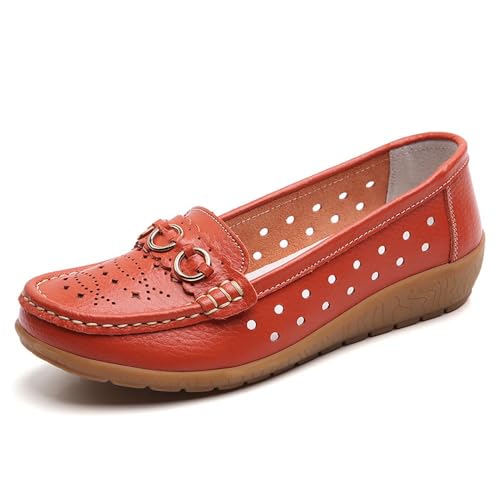 Klassische Penny Loafers für Frauen,Bequeme und leichte Penny-Loafer für Damen zum Hineinschlüpfen, orthopädische Schuhe für Damen,Breathable Leather Breathable Casual Shoes for Women (37,Orange B) von BAWUTZ