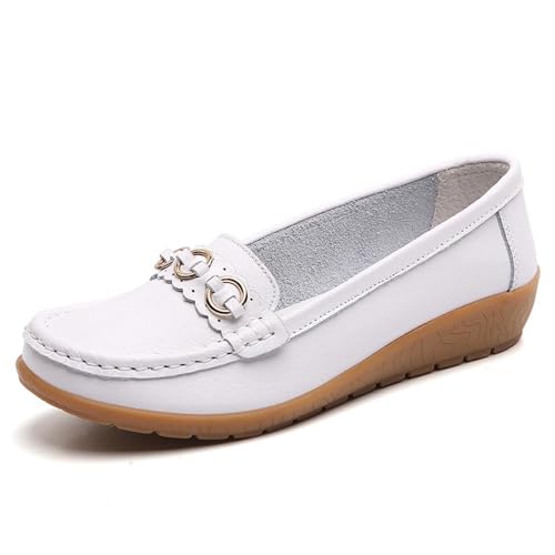 Klassische Penny Loafers für Frauen,Bequeme und leichte Penny-Loafer für Damen zum Hineinschlüpfen, orthopädische Schuhe für Damen,Breathable Leather Breathable Casual Shoes for Women (37,Weiß A) von BAWUTZ