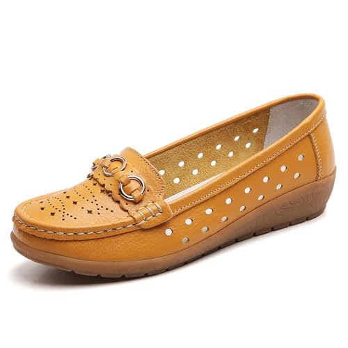 Klassische Penny Loafers für Frauen,Bequeme und leichte Penny-Loafer für Damen zum Hineinschlüpfen, orthopädische Schuhe für Damen,Breathable Leather Breathable Casual Shoes for Women (39,Gelb B) von BAWUTZ