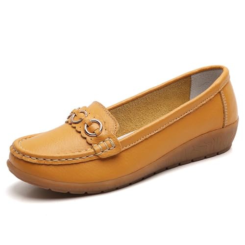 Klassische Penny Loafers für Frauen,Bequeme und leichte Penny-Loafer für Damen zum Hineinschlüpfen, orthopädische Schuhe für Damen,Breathable Leather Breathable Casual Shoes for Women (40,Gelb A) von BAWUTZ