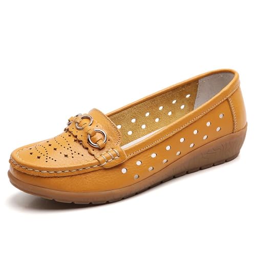 Klassische Penny Loafers für Frauen,Bequeme und leichte Penny-Loafer für Damen zum Hineinschlüpfen, orthopädische Schuhe für Damen,Breathable Leather Breathable Casual Shoes for Women (44,Gelb B) von BAWUTZ
