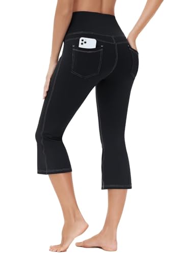 BAYGE Damen Bootcut Yogahose 3/4 Hight Waist Wasserdicht Blickdicht Bauchkontrolle Slim Fit Flared Leggings Jeggings Schlaghose Sweathose Sporthose Arbeitshose Fitnesshose mit Taschen, Schwarz, S von BAYGE