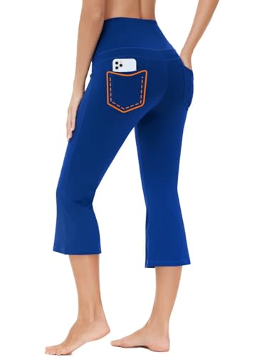 BAYGE Damen Bootcut Yogahose 3/4 Hight Waist Wasserdicht Blickdicht Bauchkontrolle Slim Fit Flared Leggings Sporthose Jeggings Schlaghose Sweathose Arbeitshose Fitnesshose mit Taschen, Blau, M von BAYGE