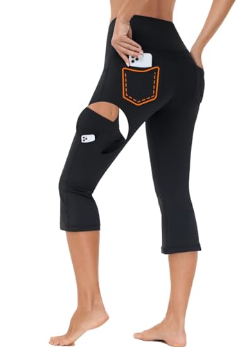 BAYGE Damen Bootcut Yogahose 3/4 V-Crossover Hight Waist Wasserdicht Blickdicht Bauchkontrolle Slim Fit Flared Leggings Sporthose Jeggings Schlaghose Sweathose Arbeitshose mit Taschen, Schwarz, XXL von BAYGE