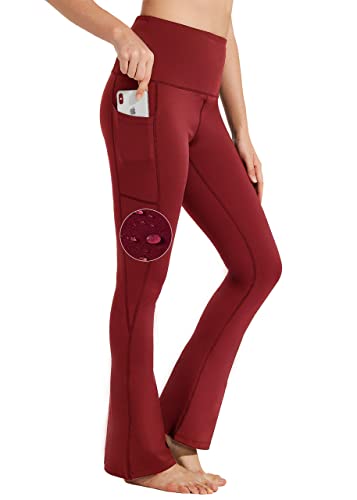 BAYGE Damen Bootcut Yogahose Hohe Taille Wasserdicht Blickdicht Bauchkontrolle Slim Fit Leggings Sporthose Schlaghose Sweathose Fitnesshose mit Taschen, Rot, XS von BAYGE