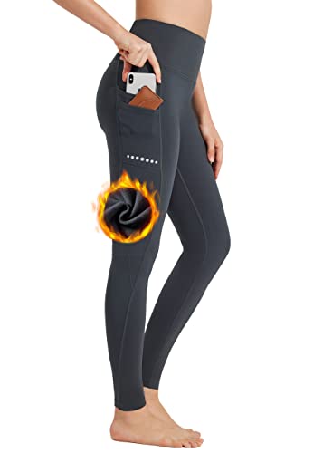 BAYGE Damen Sport Leggings Winter Hohe Taille Fleece Gefüttert Wasserdicht Blickdicht Bauchkontrolle Slim Fit Yogahose Sporthose Sweathose Fitnesshose mit Taschen, Grau, XXL von BAYGE