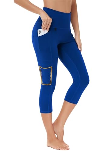 BAYGE Damen Wander Leggings 3/4 Sommer Leicht Hight Waist Wasserdicht Blickdicht Slim Fit Capri Wanderhose Yogahose Radlerhose Sporthose Strumpfhose Sweathose mit Taschen, Blau, S von BAYGE