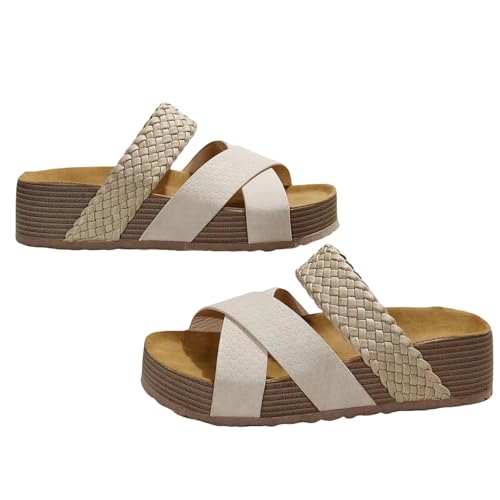 BBAUER Sandalen Damen Kork Flache Sandalen Anti-Rutsch Dicke Sohle Flats Outdoor Hausschuhe Damen Sandalen-Beige-37 von BBAUER