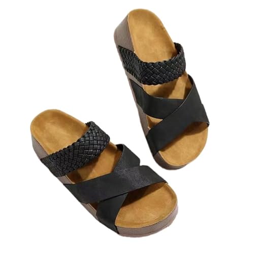 BBAUER Sandalen Damen Kork Flache Sandalen Anti-Rutsch Dicke Sohle Flats Outdoor Hausschuhe Damen Sandalen-Schwarz-42 von BBAUER