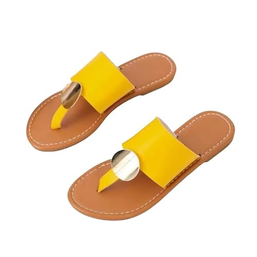 BBAUER Sandalen Damen Leder Sommer Sandalen Retro Dünne Riemen Offene Zehe Strand Hausschuhe Flat Large Size Damenschuhe-Gelb-36 von BBAUER