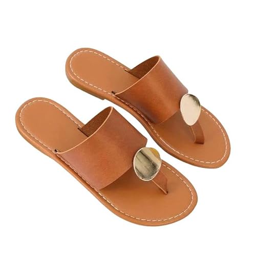 BBAUER Sandalen Damen Leder Sommer Sandalen Retro Dünne Riemen Offene Zehe Strand Hausschuhe Flat Large Size Damenschuhe-Schokolade-36 von BBAUER