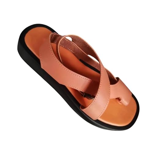 BBAUER Sandalen Damen Sommer Sandalen Leder Damen Sandalen Flache Mode Sandalen Damen Wedges-Orange-36 von BBAUER