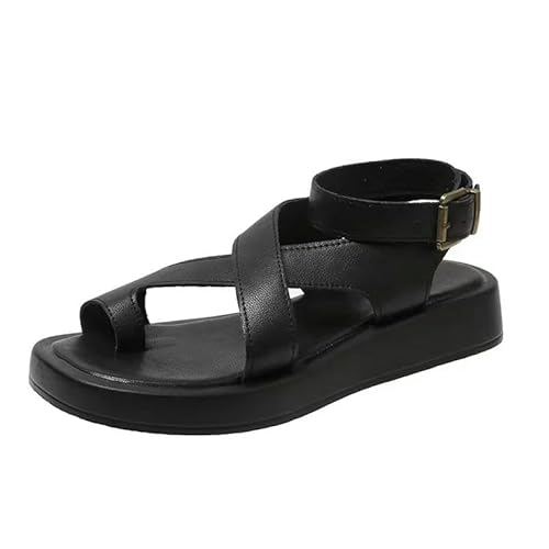 BBAUER Sandalen Damen Sommer Sandalen Leder Damen Sandalen Flache Mode Sandalen Damen Wedges-Schwarz-36 von BBAUER